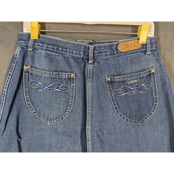 Size 32 Denim Skirt Women's A Line Embroidered Gitano Dark Wash Vintage - Picture 1 of 10
